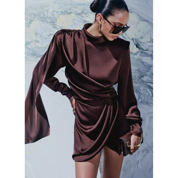 Ronny Kobo Collection Dresses & Skirts - NWT Ronny Kobo Bianca Dress Chocolate Brown Draped High Neck Mini Dress - Size M